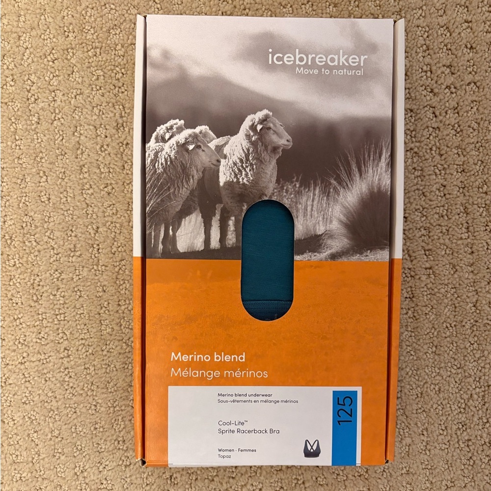 Icebreaker Sprite cross back bra in merino wool blend, topaz blue, size medium